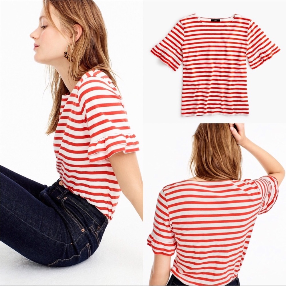 J.Crew Ruffle Sleeve T-shirt in Red & White Stripe - Picture 1 of 11